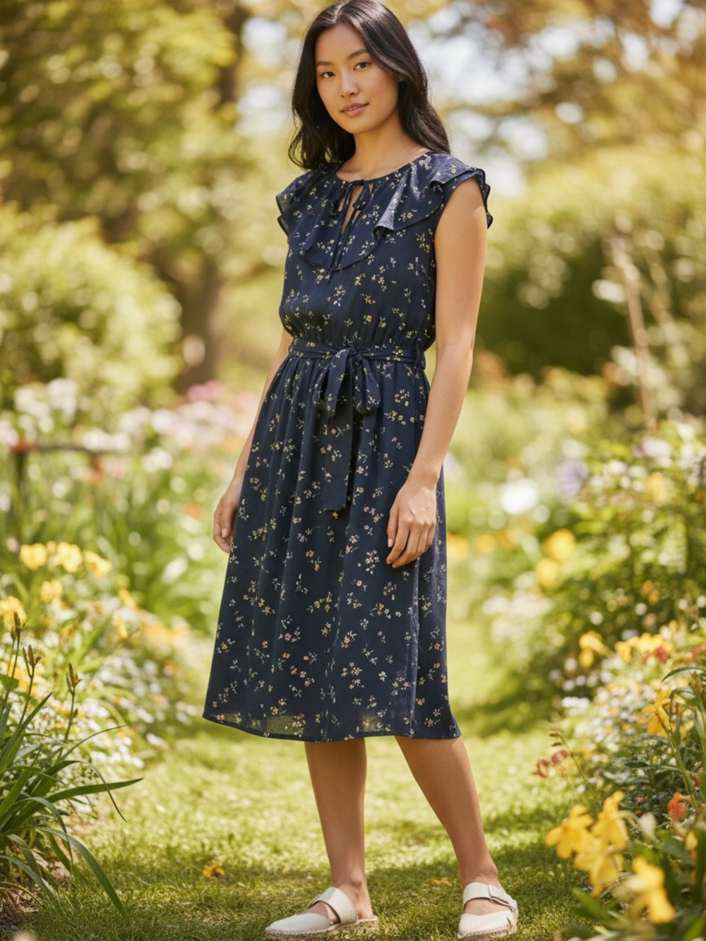 LC Lauren Conrad Navy Floral Ruffle Tie-Waist Midi Dress